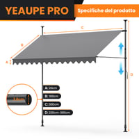Copertină de balcon YEAUPE PRO cu fixare fără găurire, cu manivelă manuală, rezistentă la UV și hidrofugă, înălțime reglabilă, gri închis, 300 x 180 5