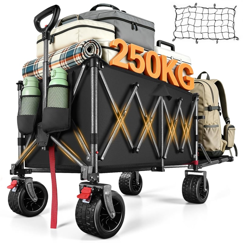 Cărucior pliabil YEAUPE PRO, 260 L, 250 kg, cărucior de teren pentru plajă cu roți late de 17 cm, 13 kg, pentru grădină, cumpărături și activități în aer liber