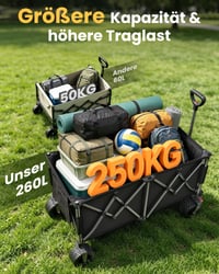 YEAUPE PRO Sklopiva ručna kolica, zapremnina 260 litara, nosivost 250 kg, s terenskim kotačima 17x10 cm, prijenosna kolica za kupovinu i kampiranje 8