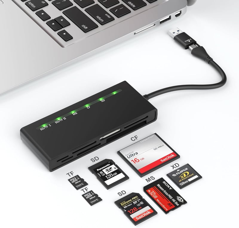 Cititor de carduri 7 în 1 Yeemie Pro USB 3.0 USB-C pentru SD, TF, microSD, CF, MS, MMC, XD, 5 Gbps, suportă 5 carduri simultan