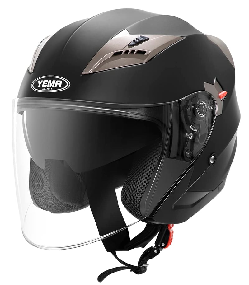 Cască moto open-face YEMA YM-627 ECE 22.06 cu vizieră dublă și ochelari de soare integrați - negru mat - M (56-57 cm)