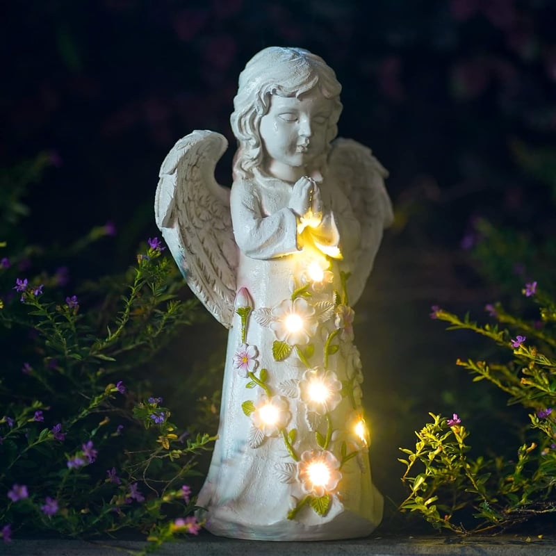 Yeomoo Angyalszobor Kerti Dekoráció - 6 LED Napelemes Világítással, Vízálló Gyanta Figura, 24,5 cm, Kézzel Készített Kültéri Dísz Udvarba, T