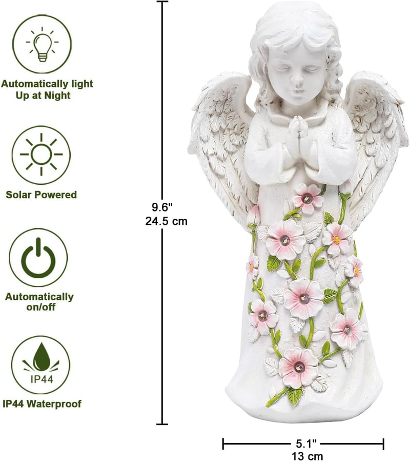 Yeomoo Angyalszobor Kerti Dekoráció - 6 LED Napelemes Világítással, Vízálló Gyanta Figura, 24,5 cm, Kézzel Készített Kültéri Dísz Udvarba, T