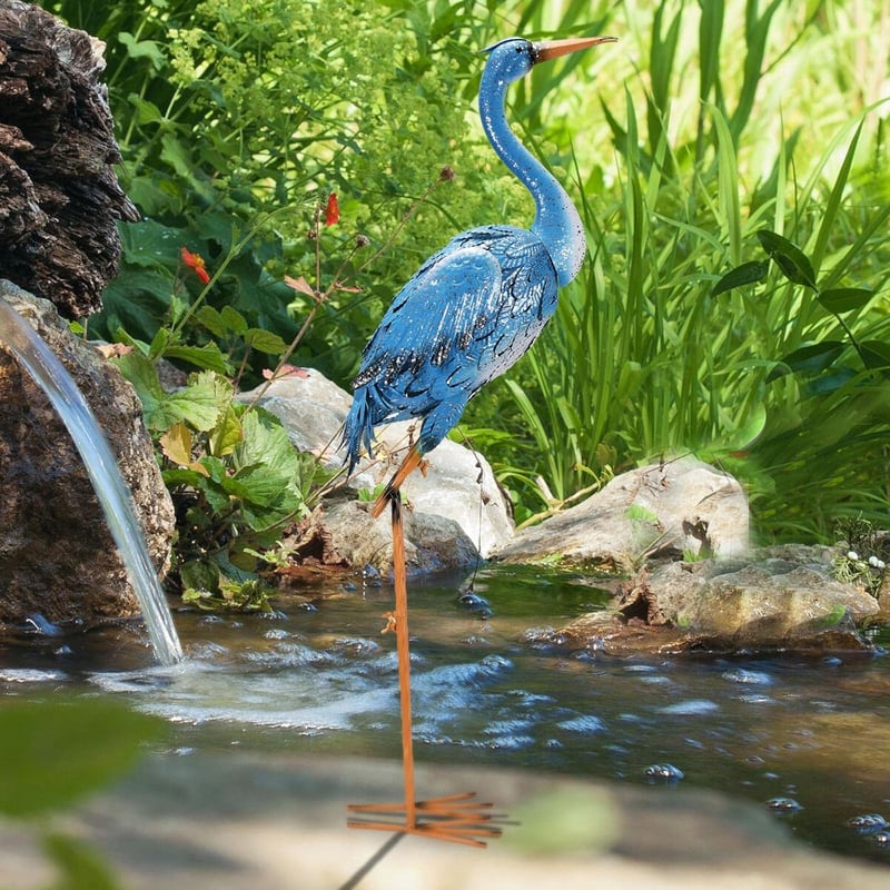 Yeomoo Kék Fém Daru Szobor - Kézzel Festett Kerti Dekoráció 96 cm - Időjárásálló Madár Figura Kertbe, Erkélyre, Nappaliba - Egyedi Ajándék