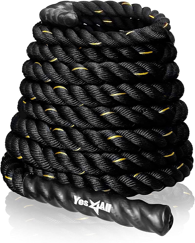 Yes4All Battle rope tréningové lano s ochranným obalom 9, 12, 15 m, 38, 50 mm, oceľový držiak a popruh, poly-dacron