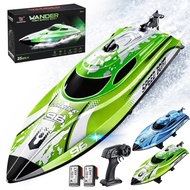 RC čln na diaľkové ovládanie YESHIN, 25 km/h, 2,4 GHz, s LED osvetlením, vodotesný a prevráteniu odolný, s 2 batériami, pre deti aj dospelých - zelený