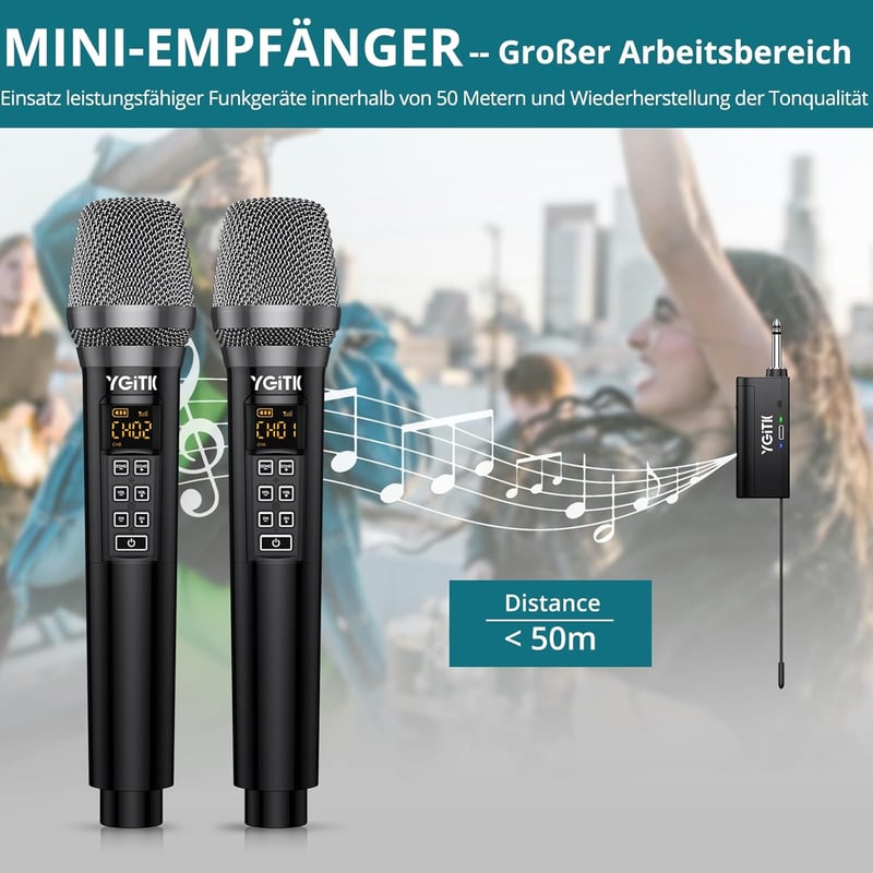 YGiTK UHF Professzionális Vezeték Nélküli Mikrofonszett - 2x30 Csatornás Kézi Mikrofon, 6-10 Órás Üzemidő, Karaoke, Buli, Esküvő, DJ