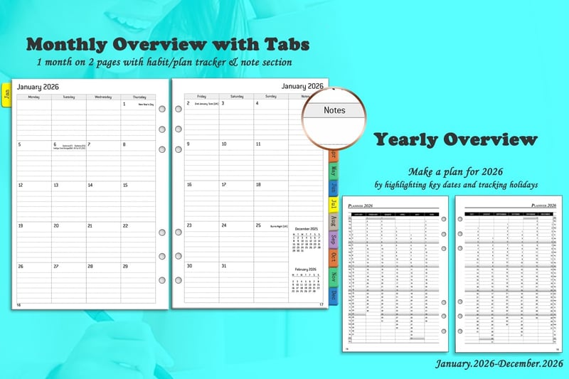 YHH A5 Heti Tervező Naptár 2026 Gyűrűs Könyv Fülekkel Jelszókezelő Zsebekkel - A5, brown