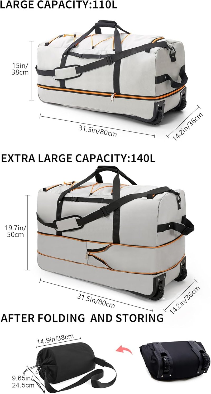 YHYEH 110-140L bővíthető utazótáska 80cm gurulós hétvégi sporttáska szürke-fehér