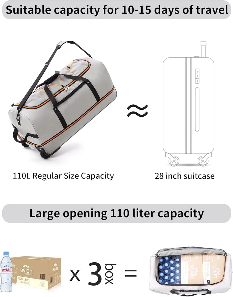 YHYEH 110-140L bővíthető utazótáska 80cm gurulós hétvégi sporttáska szürke-fehér