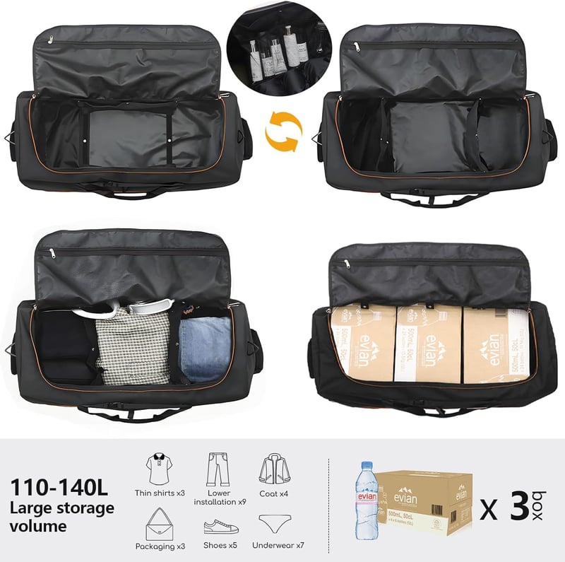 YHYEH 32 Inch Utazótáska Kerekekkel, Bővíthető 110-140L, Puha Oldalú Gurulós Bőrönd Fekete/Narancs