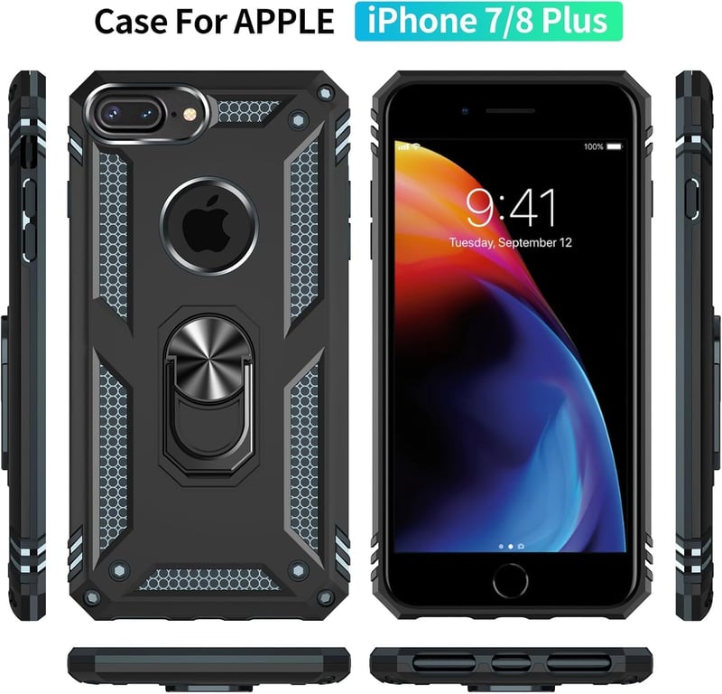Yiakeng iPhone 8 Plus/7 Plus Ütésálló Tok Képernyővédővel és Gyűrűs Tartóval Fekete
