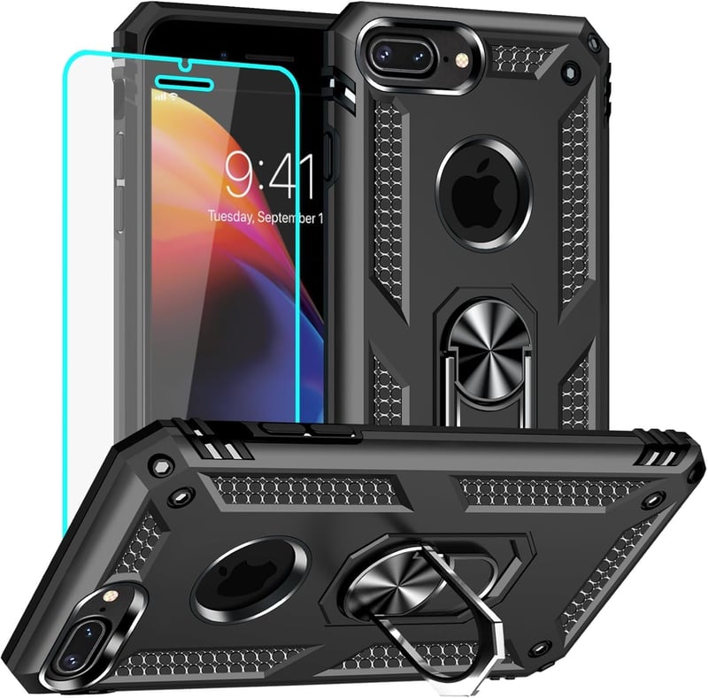 Yiakeng iPhone 8 Plus/7 Plus Ütésálló Tok Képernyővédővel és Gyűrűs Tartóval Fekete