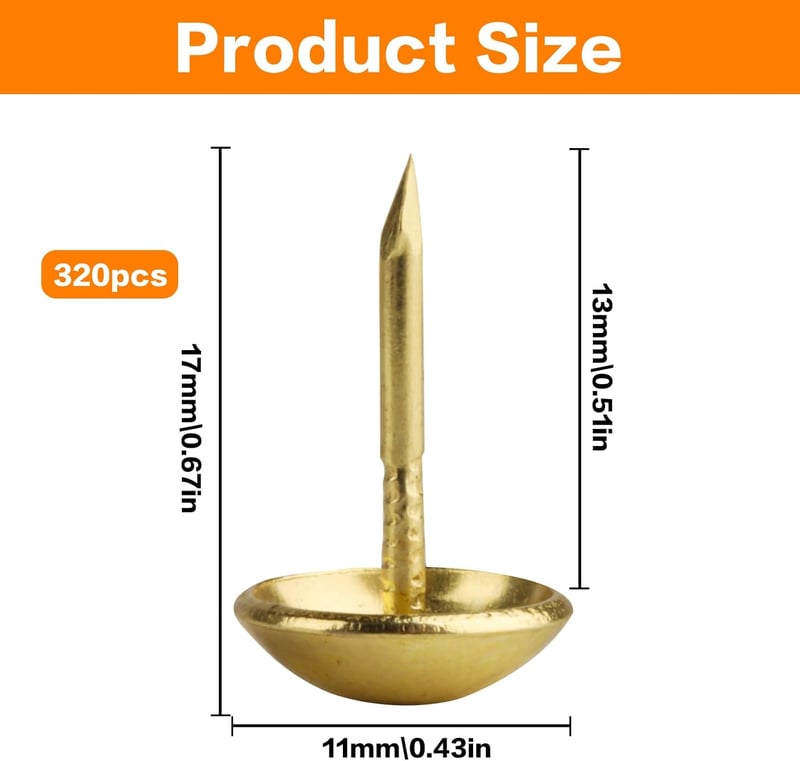 Yibaijia 320 bucăți piuneze tapițerie, ținte decorative pentru mobilă vintage, culoare aurie, 11 x 17 mm, pentru fixarea tapițeriei de fotolii și paturi