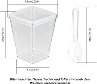 Yibaijia 50 db 160 ml átlátszó műanyag desszertes pohár fedővel és 50 db leveskanállal pudinghoz, desszerthez 2