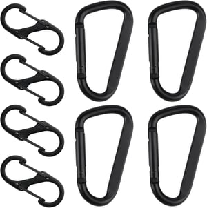 Set 8 carabine duble din aluminiu Yibaijia, 4 în formă de D și 4 în formă de S, negre, pentru camping, drumeții și rucsac