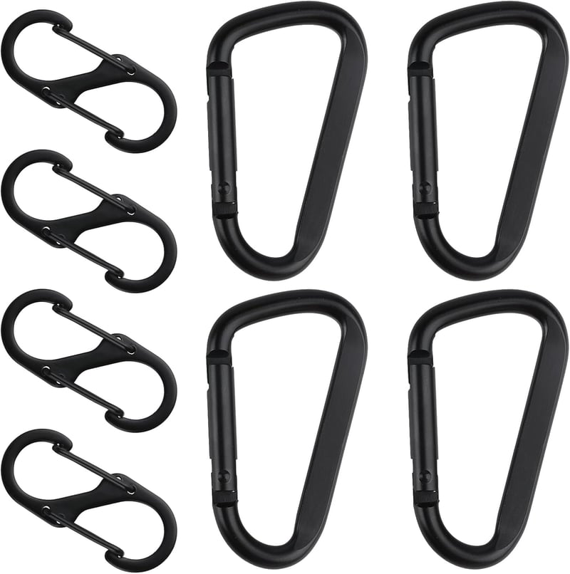Set 8 carabine duble din aluminiu Yibaijia, 4 în formă de D și 4 în formă de S, negre, pentru camping, drumeții și rucsac