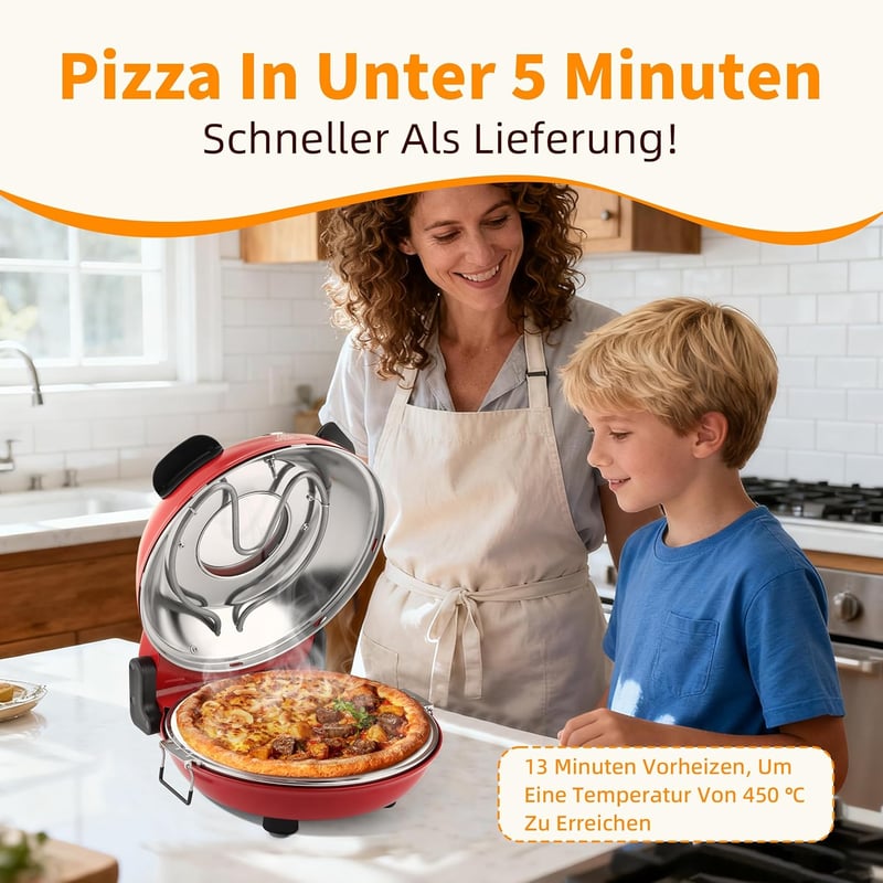 YIBAKE Elektromos Pizzasütő 1200W, 31cm Pizzakő, 420°C, 4 Perc Sütési Idő, Piros