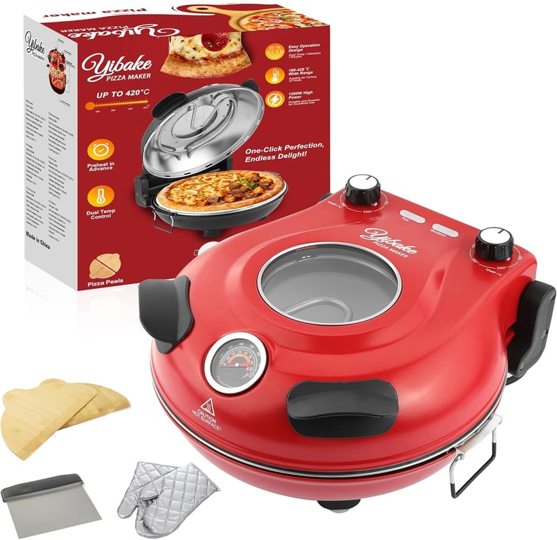 YIBAKE Elektromos Pizzasütő 1200W, 31cm Pizzakő, 420°C, 4 Perc Sütési Idő, Piros