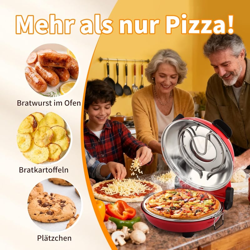 YIBAKE Elektromos Pizzasütő 1200W, 31cm Pizzakő, 420°C, 4 Perc Sütési Idő, Piros