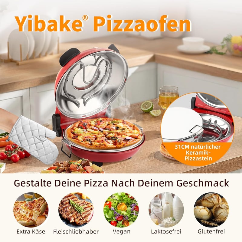 YIBAKE Elektromos Pizzasütő 1200W, 31cm Pizzakő, 420°C, 4 Perc Sütési Idő, Piros