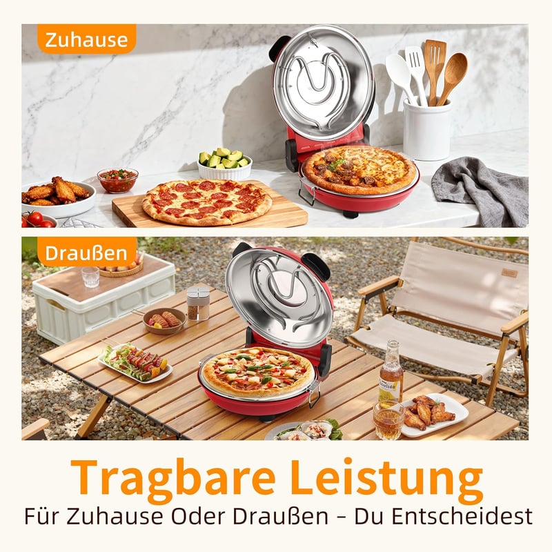 YIBAKE Elektromos Pizzasütő 1200W, 31cm Pizzakő, 420°C, 4 Perc Sütési Idő, Piros