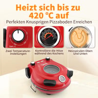 YIBAKE Elektromos Pizzasütő 1200W, 31cm Pizzakő, 420°C, 4 Perc Sütési Idő, Piros 5