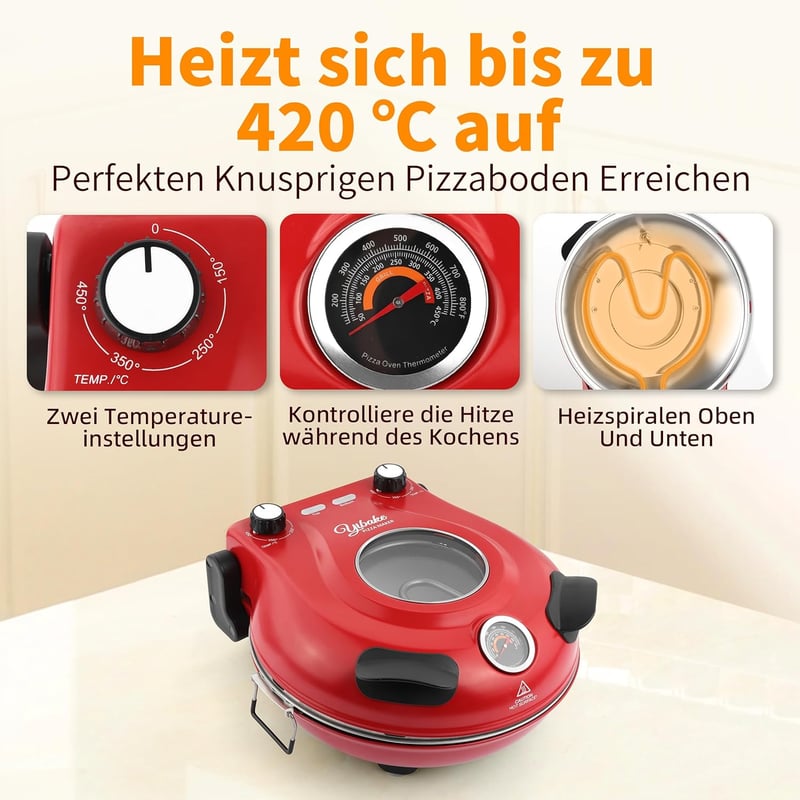 YIBAKE Elektromos Pizzasütő 1200W, 31cm Pizzakő, 420°C, 4 Perc Sütési Idő, Piros