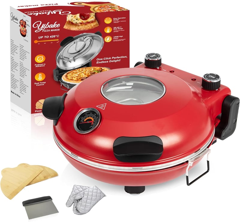 YIBAKE Elektromos Pizzasütő 1200W - 31cm Tűzálló Kőlappal, 420°C, 5 Sütési Szint, Pizzalapáttal, Piros