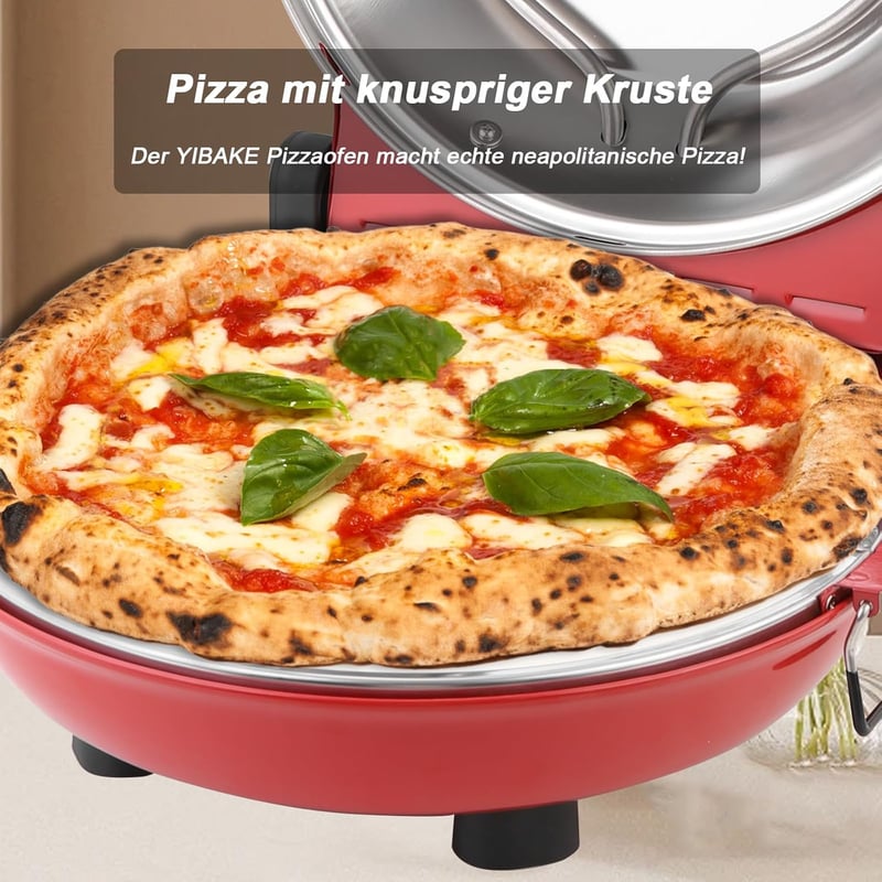 YIBAKE Elektromos Pizzasütő 1200W - 31cm Tűzálló Kőlappal, 420°C, 5 Sütési Szint, Pizzalapáttal, Piros