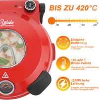 YIBAKE Elektromos Pizzasütő 1200W - 31cm Tűzálló Kőlappal, 420°C, 5 Sütési Szint, Pizzalapáttal, Piros 6