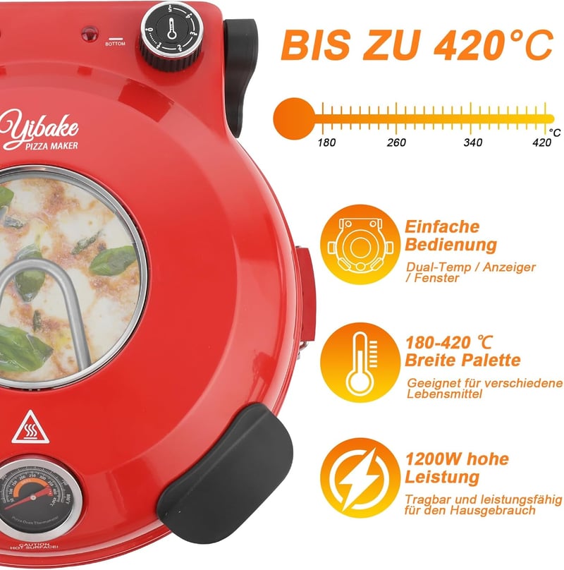 YIBAKE Elektromos Pizzasütő 1200W - 31cm Tűzálló Kőlappal, 420°C, 5 Sütési Szint, Pizzalapáttal, Piros