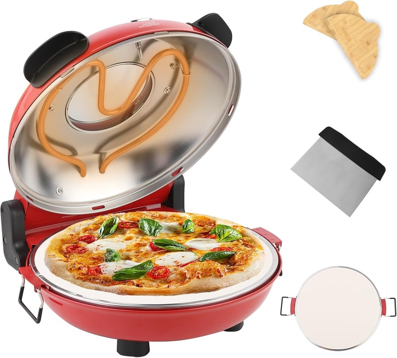 YIBAKE Elektromos Pizzasütő 1200W - 31cm Tűzálló Kőlappal, 420°C, 5 Sütési Szint, Pizzalapáttal, Piros