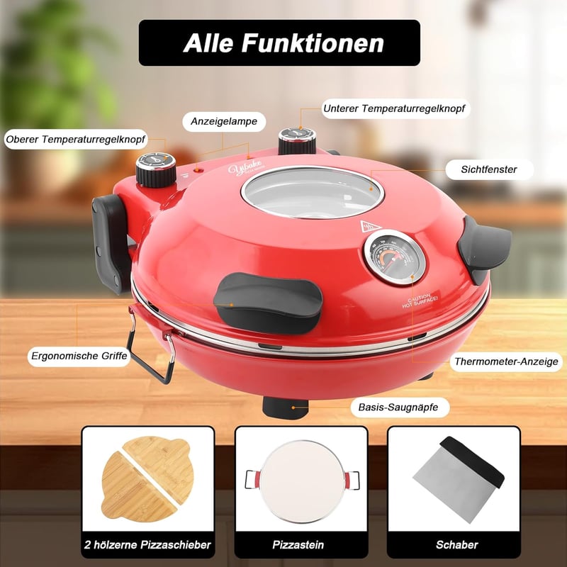 YIBAKE Elektromos Pizzasütő 1200W - 31cm Tűzálló Kőlappal, 420°C, 5 Sütési Szint, Pizzalapáttal, Piros
