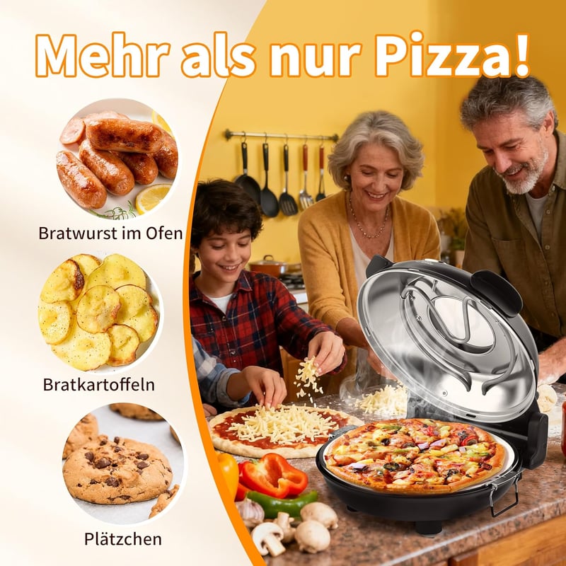 YIBAKE Elektromos Pizzasütő 1200W, 4 Perces Pizzakészítés, 31cm Tűzálló Kő, 420°C, 5 Fokozat