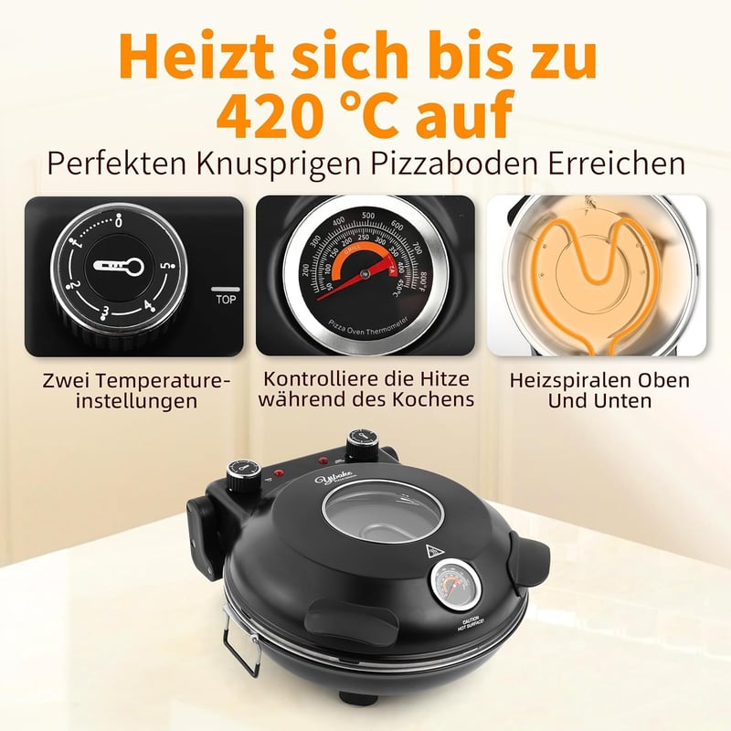 YIBAKE Elektromos Pizzasütő 1200W, 4 Perces Pizzakészítés, 31cm Tűzálló Kő, 420°C, 5 Fokozat
