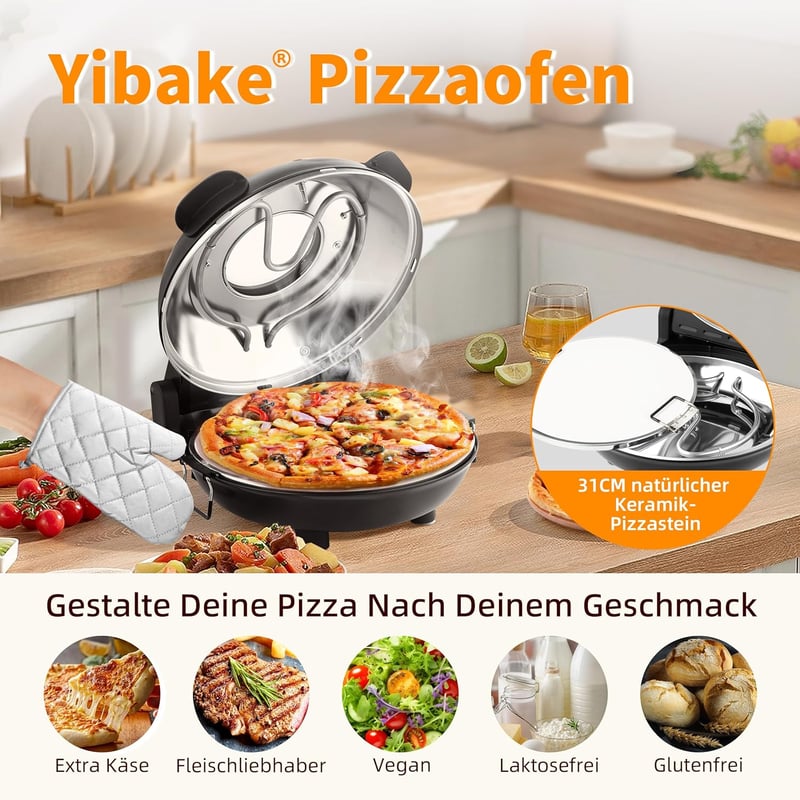 YIBAKE Elektromos Pizzasütő 1200W, 4 Perces Pizzakészítés, 31cm Tűzálló Kő, 420°C, 5 Fokozat