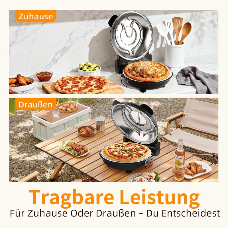 YIBAKE Elektromos Pizzasütő 1200W, 4 Perces Pizzakészítés, 31cm Tűzálló Kő, 420°C, 5 Fokozat