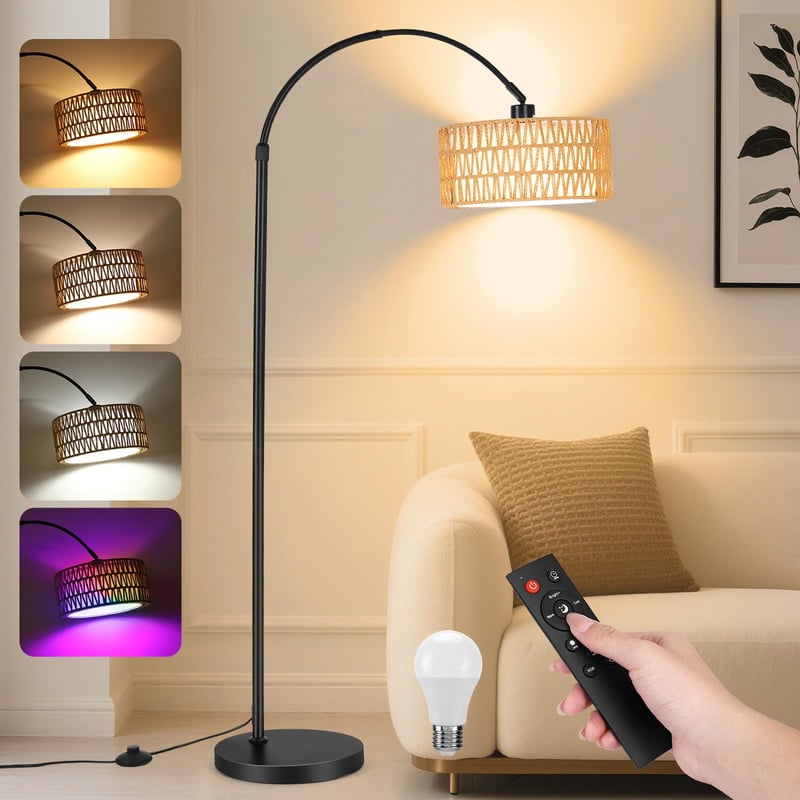 Lampadar arcuit YICAIZI pentru sufragerie - Lampă de podea LED de 9W, reglabilă, cu telecomandă și soclu E27, lampă de citit de 900 lumeni cu 3 temperaturi de culoare