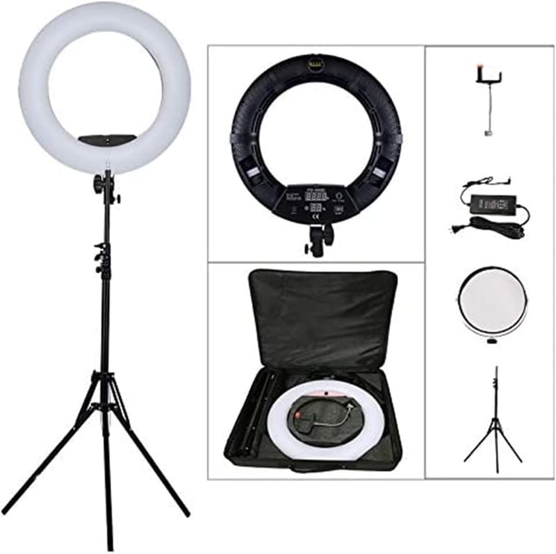 YIDOBLO 18 hüvelykes 96 W dimmelhető LED gyűrűfény állvánnyal, digitális képernyős ring light készlet YouTube és önarcképhez, fehér