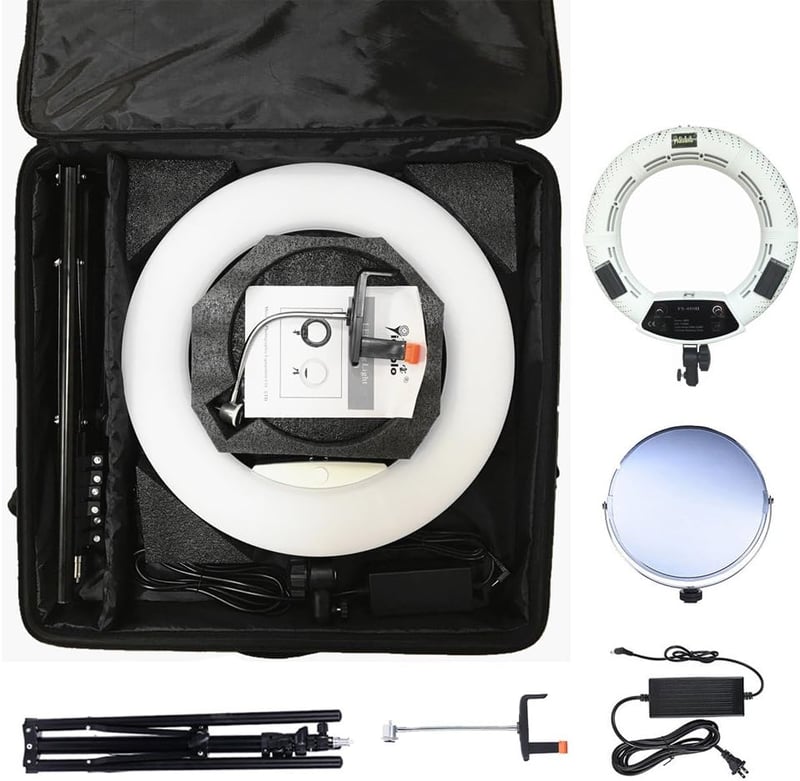 YIDOBLO 18 hüvelykes 96 W dimmelhető LED gyűrűfény állvánnyal, digitális képernyős ring light készlet YouTube és önarcképhez, fehér