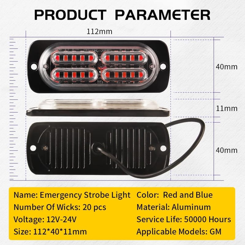 yifengshun 4x20 LED vörös-kék vészvilágítás 18 módú stroboszkóp távirányítóval autóhoz