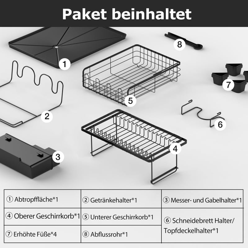 YIGII Kétrészes Edényszárító Bővíthető Állvánnyal - Helytakarékos Rozsdamentes Acél Edénycsepegtető Evőeszköztartóval, Fekete