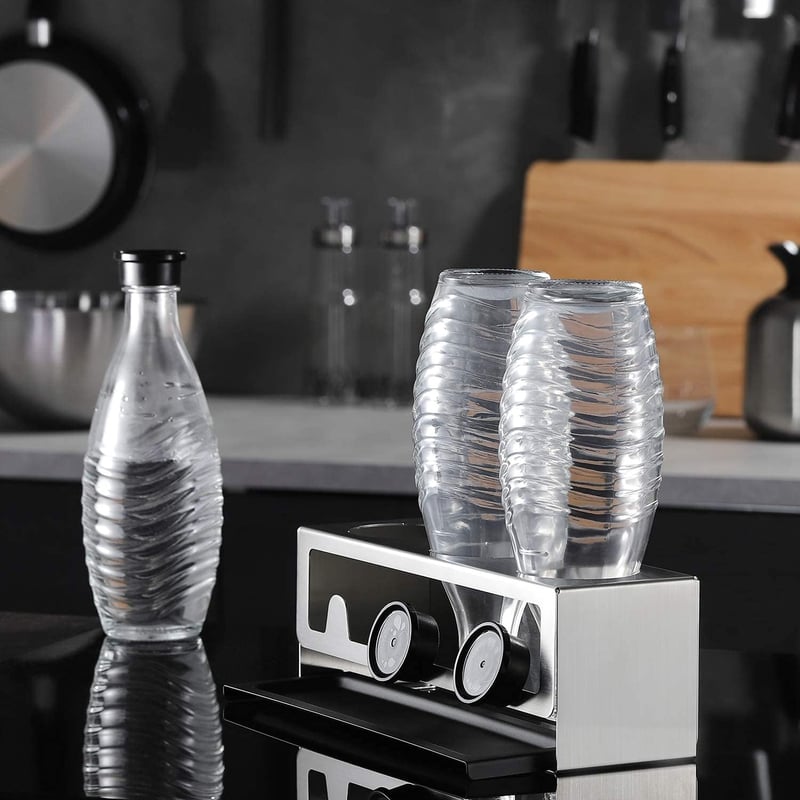 Suport Sticle SodaStream YIGII - Oțel Inoxidabil Negru Mat, Stativ pentru Blatul de Bucătărie, Structură Ușoară, 30 cm Înălțime