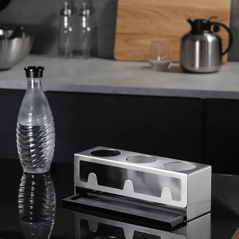 Suport Sticle SodaStream YIGII - Oțel Inoxidabil Negru Mat, Stativ pentru Blatul de Bucătărie, Structură Ușoară, 30 cm Înălțime