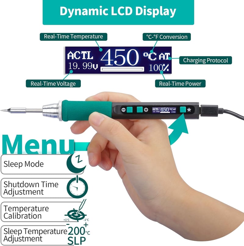 YIHUA 928D-IV Type-C forrasztópáka szett LCD kijelzővel, 90-450°C hőmérséklet szabályozás