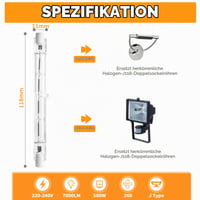 Bec halogen liniar YIIFELL R7S 118 mm 500W J118, 7000LM, 2800K, AC 220-240V, reglabil, pentru lămpi de lucru, proiectoare de șantier, set 8 bucăți 2