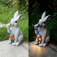 YIKEDAN Napelemes Kerti Nyúl Figura Pozsgás Lámpával - Műgyanta Ülő Nyuszi Madárral Kertdíszítő Szobor Erkélyre, Teraszra 7