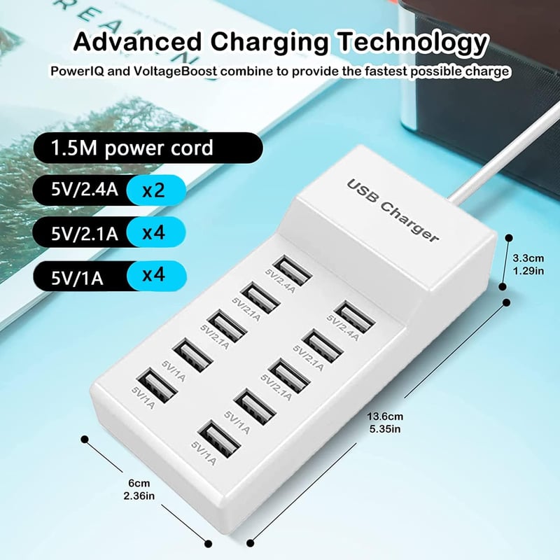 Yili House 10 Portos USB Töltőállomás 40W - Okostelefonokkal Kompatibilis Többfunkciós Töltő iPhone/Samsung/Xiaomi Készülékekhez, Kompakt Ki