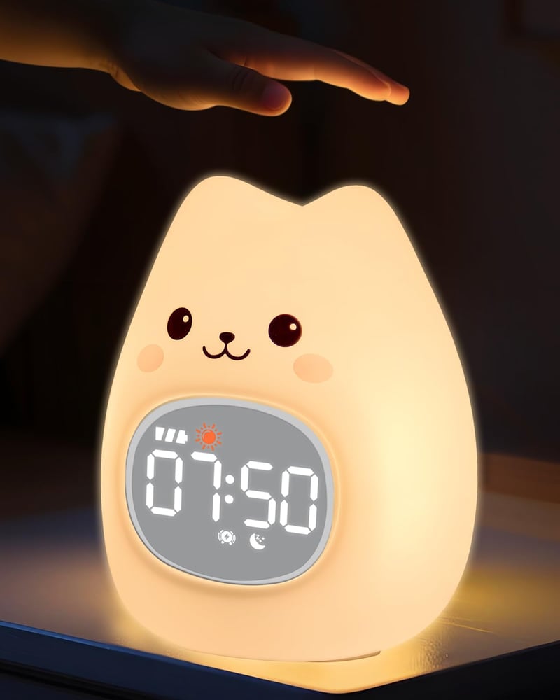 Ceas deșteptător pentru copii Yiliaw cu design de pisicuță și lumină de veghe – Antrenor de somn și ceas pentru trezire, lampă din silicon reîncărcabilă pentru camera copiilor, pentru băieți și fete